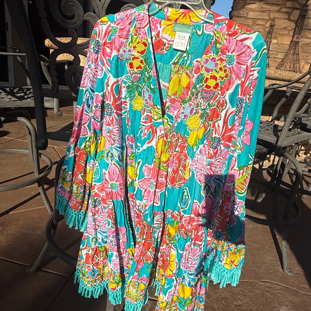 NWT Vibrant Floral Dress with Fringe